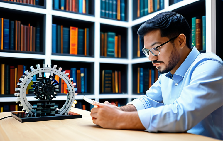 A professional linguist, an adult, male or female, dressed in a modest business casual outfit, seated at a polished desk in a contemporary, minimalist study. The linguist is meticulously examining abstract, interconnected holographic gears and vibrant, modular block structures, akin to 'Lego bricks', floating in the air. A glowing, stylized 'universal key' symbol hovers near the structures, suggesting the unlocking of a complex system. The background is softly blurred, showing bookshelves filled with academic texts. Professional photography, high detail, perfect anatomy, correct proportions, natural pose, well-formed hands, proper finger count, natural body proportions, fully clothed, modest clothing, appropriate attire, professional dress, safe for work, appropriate content, professional.