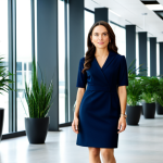 **

A professional businesswoman in a modest, knee-length navy blue dress, standing in a modern office lobby with glass walls and potted plants, fully clothed, appropriate attire, safe for work, perfect anatomy, natural proportions, professional photography, high quality.

**