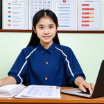 **

A student sitting at a desk, surrounded by Vietnamese language learning materials: textbooks, flashcards, and a laptop displaying a language learning app. The student is fully clothed in modest, comfortable clothing, with a focused expression. The setting is a bright, organized study room. Perfect anatomy, correct proportions, natural pose, well-formed hands, proper finger count, natural body proportions. Safe for work, appropriate content, fully clothed, professional, modest, family-friendly.

**