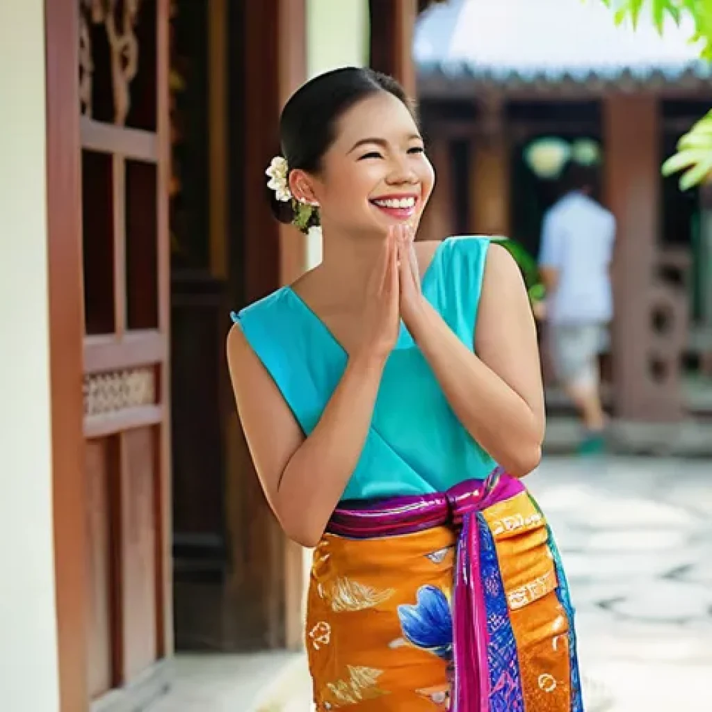 태국어 예의 표현 - **Prompt:** A heartwarming scene depicting a cultural exchange in Thailand. A gracefully smiling Tha...