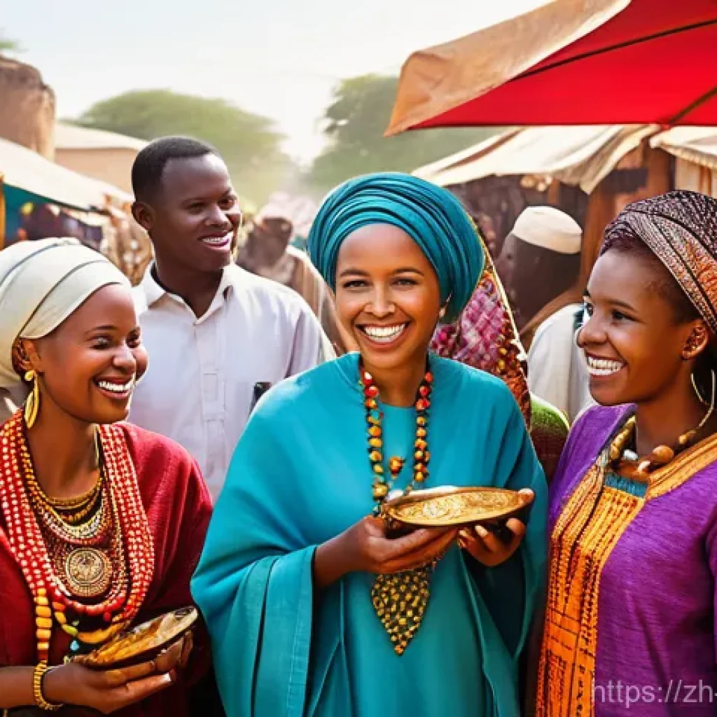 스와힐리어와 반투어 비교 - A vibrant, bustling East African marketplace scene under a warm, sunny sky. Diverse people of variou...
