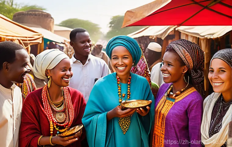 스와힐리어와 반투어 비교 - A vibrant, bustling East African marketplace scene under a warm, sunny sky. Diverse people of variou...