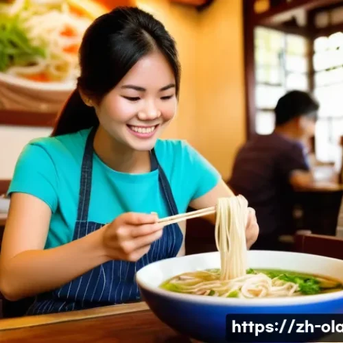 베트남어 필수 단어 - **Prompt: "A vibrant and aromatic Vietnamese noodle shop during lunchtime. A young female traveler, ...