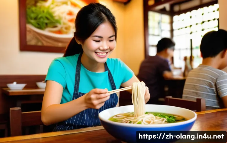 베트남어 필수 단어 - **Prompt: "A vibrant and aromatic Vietnamese noodle shop during lunchtime. A young female traveler, ...