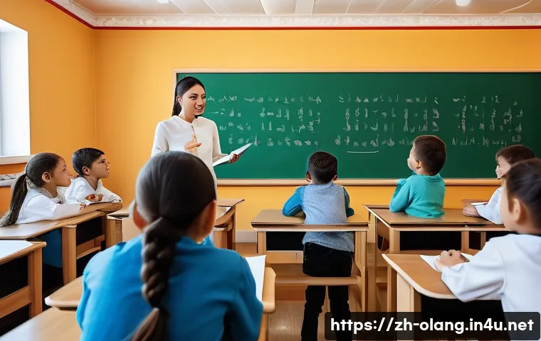 카자흐어와 러시아어 비교 - A vibrant cultural classroom scene showing a diverse group of students learning Kazakh and Russian l...