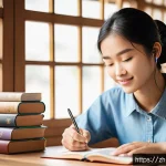 태국어 학습서 추천 - A cozy study scene featuring a young adult Chinese learner sitting at a wooden desk filled with Thai...