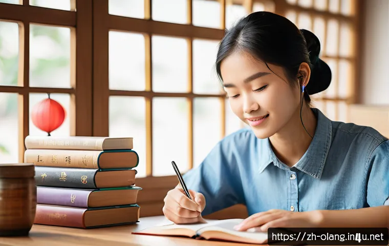 태국어 학습서 추천 - A cozy study scene featuring a young adult Chinese learner sitting at a wooden desk filled with Thai...