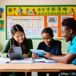 스와힐리어 학습 난이도 - A vibrant classroom scene featuring a diverse group of adult learners engaging with an interactive d...