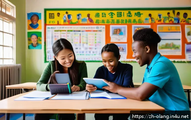 스와힐리어 학습 난이도 - A vibrant classroom scene featuring a diverse group of adult learners engaging with an interactive d...