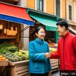 헝가리어 기초 문장 - A vibrant street scene in Budapest featuring a young Chinese woman greeting a local Hungarian shopke...