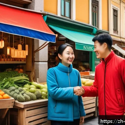 헝가리어 기초 문장 - A vibrant street scene in Budapest featuring a young Chinese woman greeting a local Hungarian shopke...