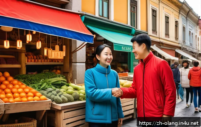 헝가리어 기초 문장 - A vibrant street scene in Budapest featuring a young Chinese woman greeting a local Hungarian shopke...
