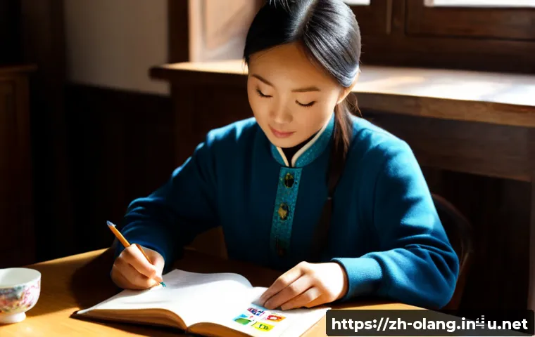 카자흐어 어휘 확장법 - Photorealistic adult learner studying Kazakh vocabulary at a tidy wooden desk, open blank notebook w...